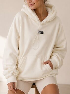 ⚡️ADIDAS Spring Layering Cream Hoodie Sherpa Lined Hood Pullover Unisex Sz L